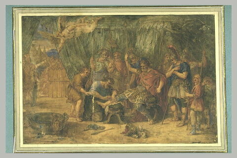 Un général romain assis dans sa tente et faisant soigner un blessé