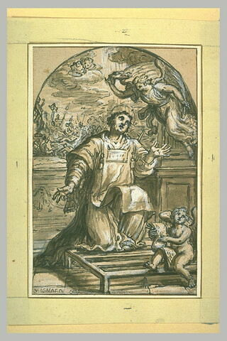 Saint Laurent en habit de prêtre à genoux sur un gril, couronné par un ange