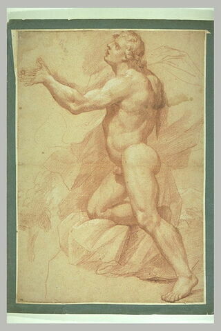 Jeune homme nu, un genou sur un rocher, dans l'attitude de la prière, image 1/1