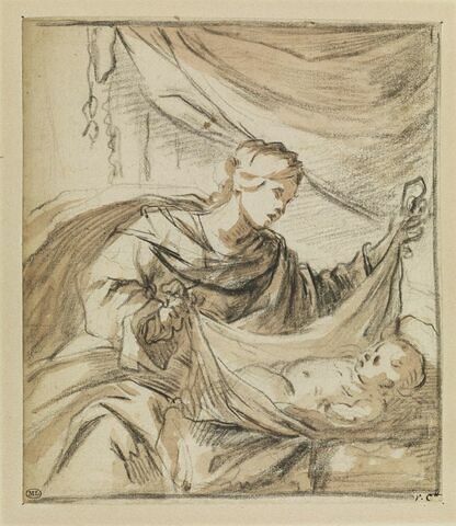 La Vierge assise soulève le voile qui couvre l'Enfant