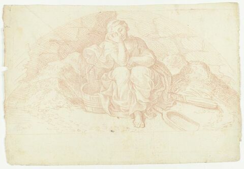 Jeune femme drapée, pleurant, assise à terre à côté d'un baquet