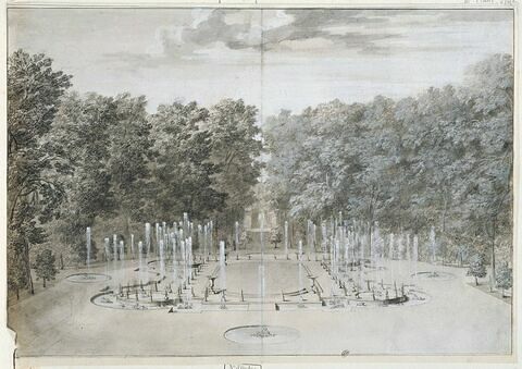 Vue de bosquet avec bassin et jets d'eau, dite la Salle des Festins à Versailles