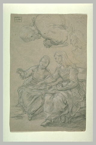 Deux femmes assises, buste de femme, et demi-figure d'homme, les mains jointes, image 2/2