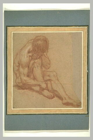 Jeune homme nu, assis à terre, la tête appuyée sur le genou droit, image 1/1