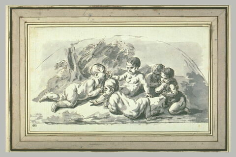 Trois enfants nus à demi allongés par terre mangent des raisins..., image 1/1