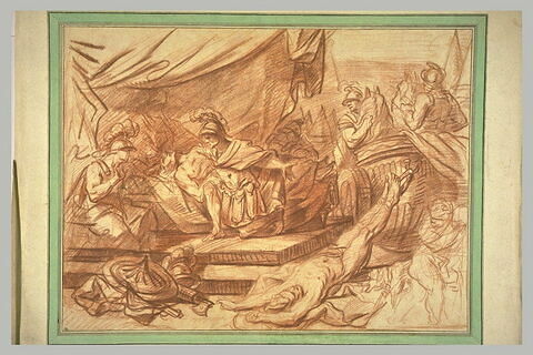 Achille ramène le cadavre d'Hector près du lit de mort de Patrocle