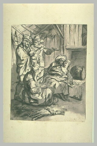 Homme enlaçant une femme, devant des musiciens et une femme, dans une ferme, image 1/1