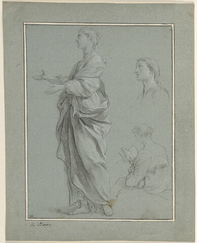 Femme debout les bras tendus ; reprise de la tête ; buste de femme lisant