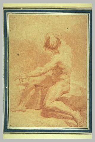Homme nu, assis, de dos, la main droite sur sa tête, image 1/1