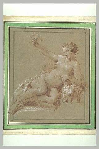 Femme nue, allongée, jambes repliées, appuyée sur son coude gauche, le bras droit tendu, image 2/2