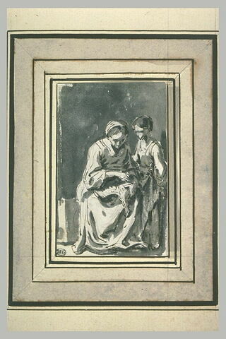Femme assise plumant une volaille, un enfant debout à droite, à son côté..., image 1/1