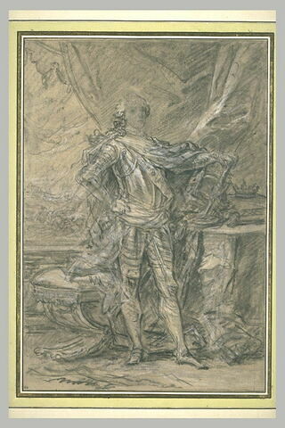 Portrait présumé de Louis XV, en pied, vêtu d'une cuirasse, la main droite..