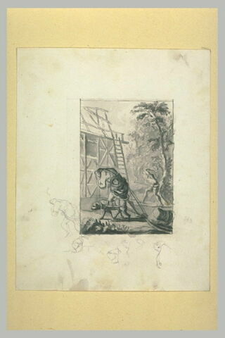 Homme et chien tirant un traineau de pierres, pour construire une maison, image 1/1