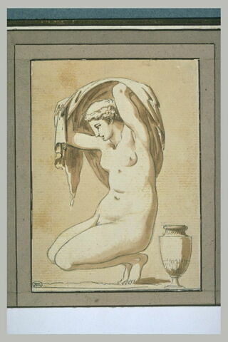Femme nue à genoux, tenant un voile au-dessus de sa tête, d'après l'antique, image 1/1