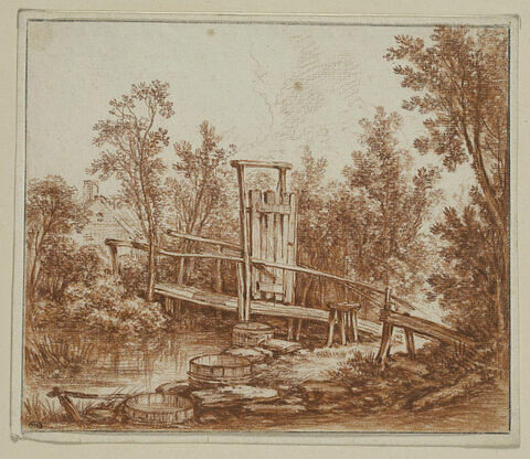 Petit pont de bois, avec une porte, menant à une ferme, image 1/2