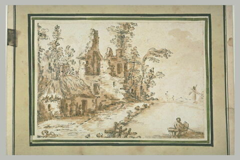 Bâtisse en ruines au bord d'un canal, avec un moulin au loin, image 1/1