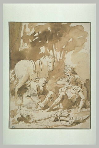 Moine et paysanne assistant un guerrier en armure dans une forêt, image 1/1