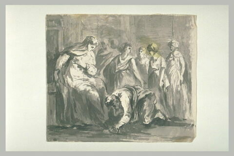 Homme se prosternant aux pieds d'une femme assise, image 1/1