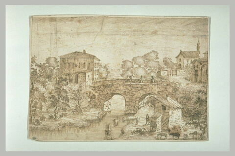 Paysage campagnard avec un pont enjambant une rivière, image 1/1