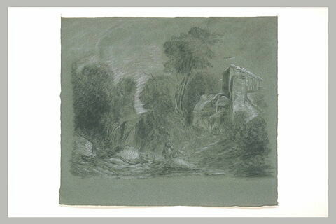 Deux femmes au bord d'un torrent, près d'une masure entourée d'arbres