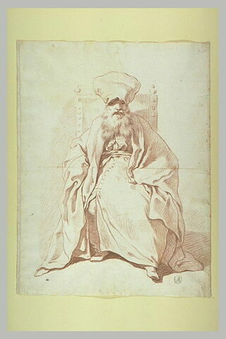 Figure de fantaisie : homme drapé coiffé d'un bonnet, assis dans un fauteuil, image 2/3