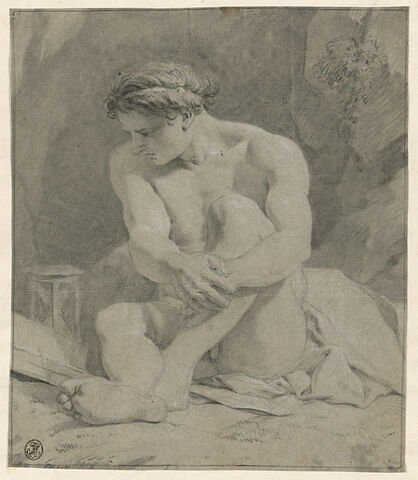 Jeune homme nu, assis à terre, regardant un sablier, image 1/2