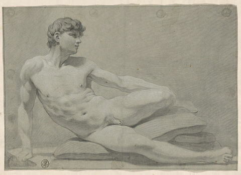 Jeune homme nu, assis à terre, appuyé sur son bras droit