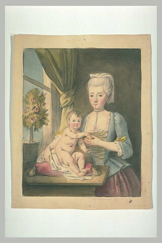 Femme donnant une pomme à un enfant, assis sur un coussin, image 1/1