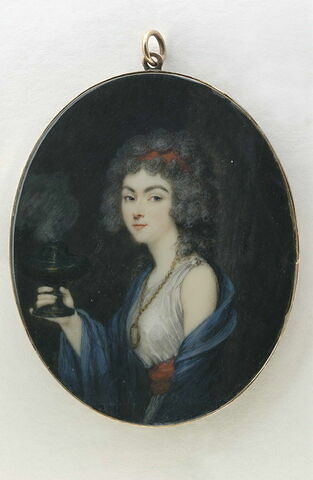 Portrait de femme vue de trois quarts à gauche, tenant un brûle-parfum