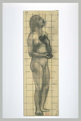 Fillette nue, de profil à droite, la main gauche sur la poitrine, image 1/1