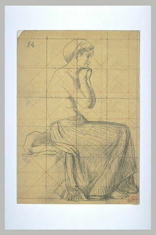 Jeune femme assise, de profil à droite, le torse nu, les mains sur le menton