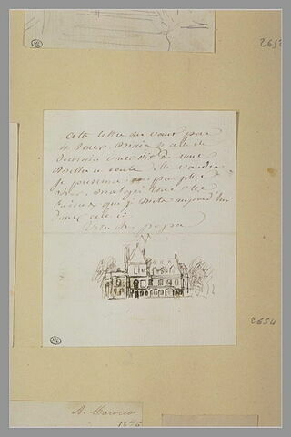 Vue d'un château à Poissy et lettre manuscrite