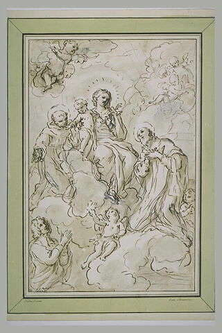 Plusieurs saints en adoration devant la Vierge assise avec l'Enfant