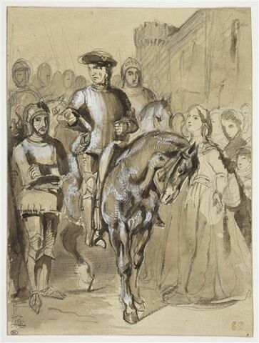 Duguesclin à cheval, entouré de soldats et de femmes, près d'un château-fort