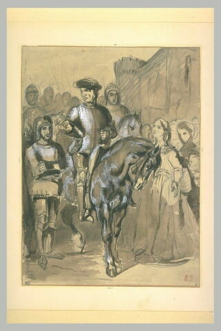 Duguesclin à cheval, entouré de soldats et de femmes, près d'un château-fort, image 2/2