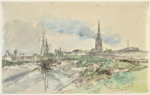 Vue du port d'Harfleur à marée basse, avec le clocher de la cathédrale, image 1/2