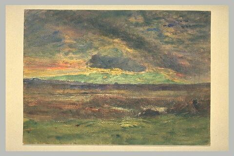 La plaine, effet de couchant, harmonie verte, nuages rouges et or, image 2/2