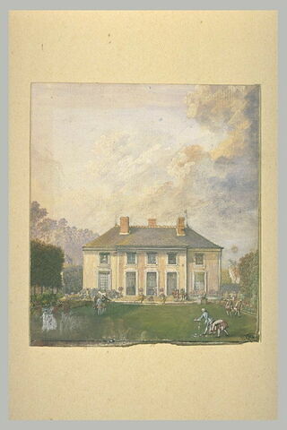 Personnages sur une pelouse devant un pavillon de chasse, image 1/1