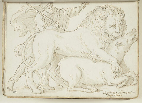 Un lion attaquant un sanglier, un homme avec un bâton sur l'épaule droite...