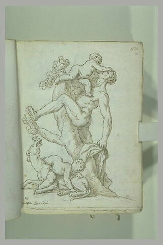 Homme taquiné par deux amours, avec une lionne mangeant du raisin..., image 2/2