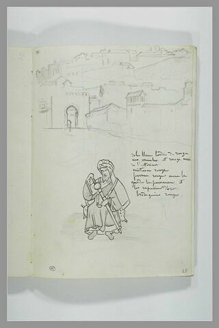 Vue d'une ville avec une porte monumentale ; figure de soldat arabe ; notes manuscrites