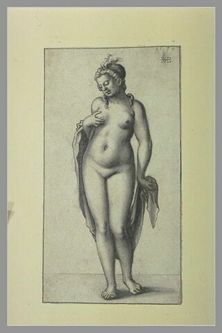 Femme nue, de face, tenant son sein droit