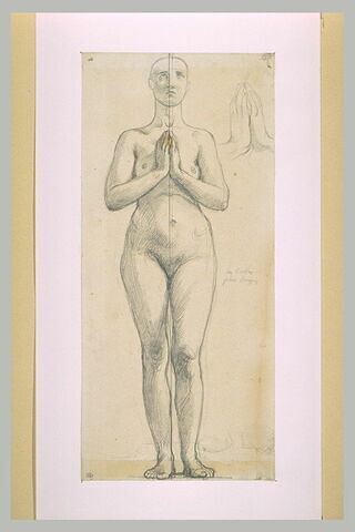 Femme nue debout, vue de face, les mains jointes devant la poitrine