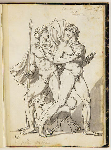Deux jeunes hommes nus et un chien; annotations manuscrites