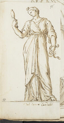 Femme debout drapée, tournée vers la gauche tenant un miroir et un serpent, image 1/2