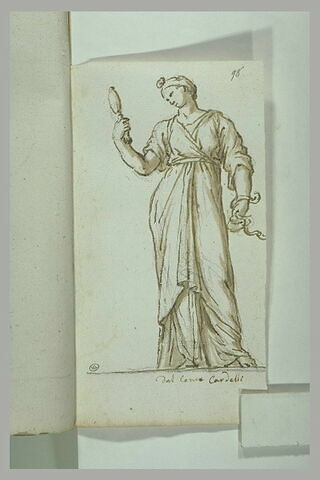Femme debout drapée, tournée vers la gauche tenant un miroir et un serpent, image 2/2