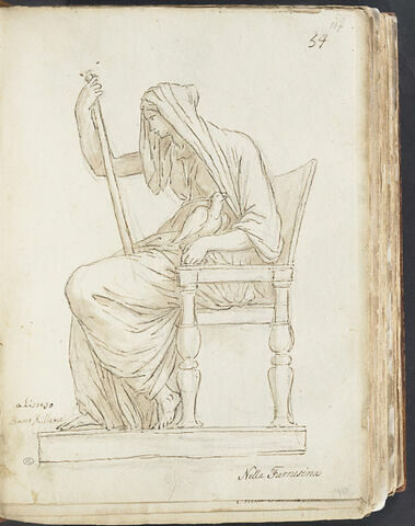 Femme assise dans un fauteuil, drapée et voilée, vue de profil... ; Héra