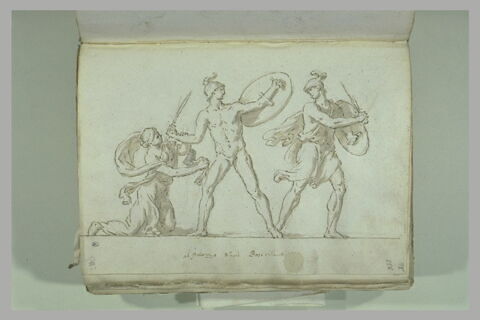 Deux hommes combattant, casqués, armés d'une épée et d'un bouclier,..., image 2/2