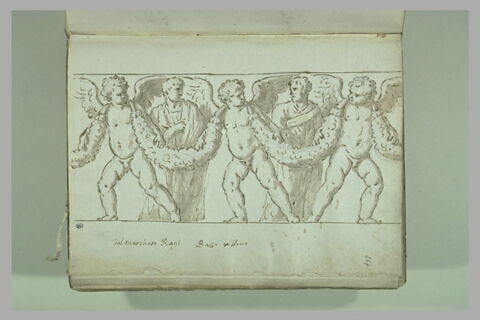 Amours guirlandophores encadrant deux hommes drapés, debout, image 2/2