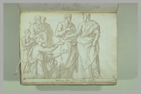Un homme agenouillé devant un autre debout ; trois hommes et un enfant..., image 2/2